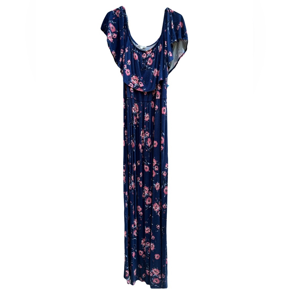 Nine Britton maternity maxi dress navy blue, pink & white floral print.